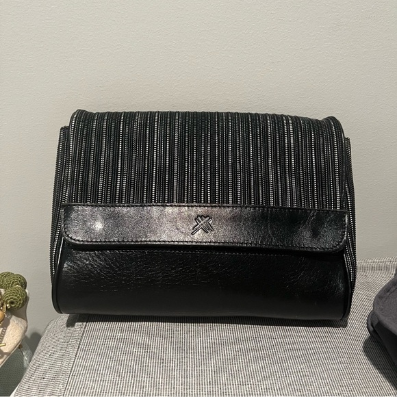 local Handbags - Black leather greyish white mesh crossbody // clutch bag
